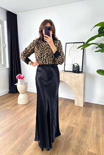 FioriModa Fustă lungă din satin de lungime maxi cu talie elastică