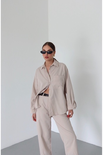 Laluvia Stone Marlin Belted Shirt Trousers Set - 8453