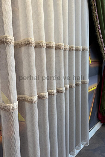 perhal perde ve halı Soft Yatay Çizgi Desen Bej Tonlarında 1-3 Sık Pile Tül Perde, Ütü İstemez Yüksek Kaliteli Tül Perde