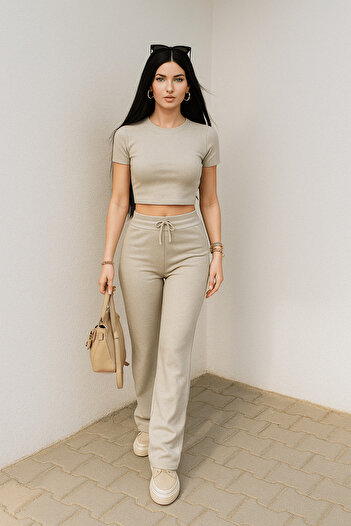 Zerenyus Women's Beige Crop Wide Leg Pants Bottom Top Set