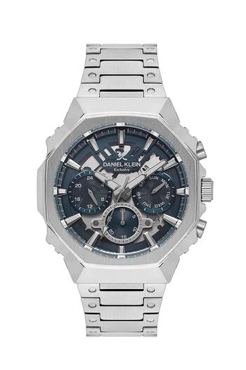 Daniel Klein Men's Silver Multi Function Metal Cord Wrist Watch - Blue Chronograph Dial with Calendar