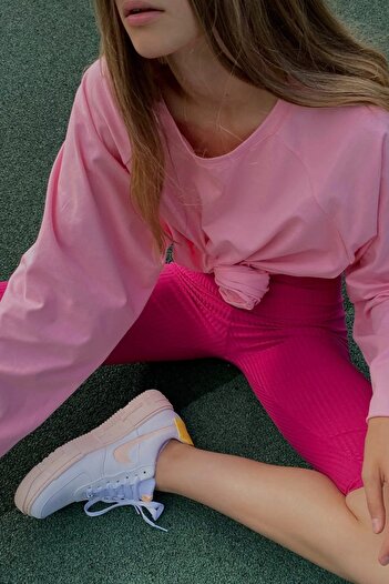 Madmext Pembe Basic Bisiklet Yaka Kadın Sweatshirt Mg1676