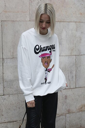 Madmext Ecru Printed Oversize Sweatshirt Mg1578