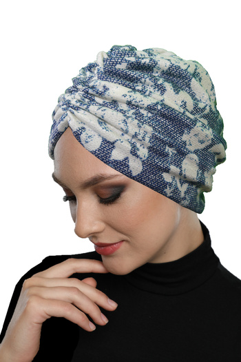 fidan bone Patterned Draped Petrol Blue Double Sided Ready-Made Turban Hijab Bonnet
