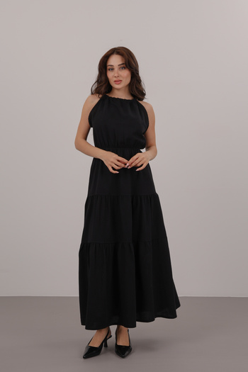 FACETTE Women's2022459932 Black Beaded Strap Flounce Dress