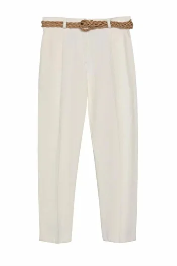Quzu Women's Ecru Belted Trousers Jean 21Y70840-Ecru