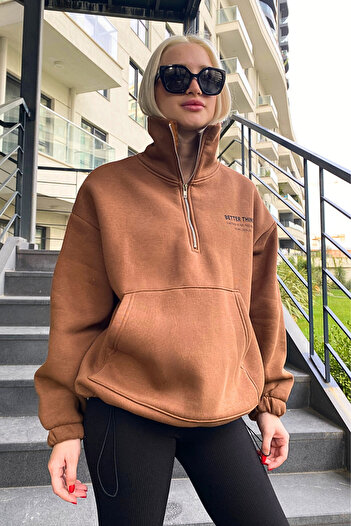 Madmext Brown Stand Collar Zippered Women's Sweatshirt MG1935