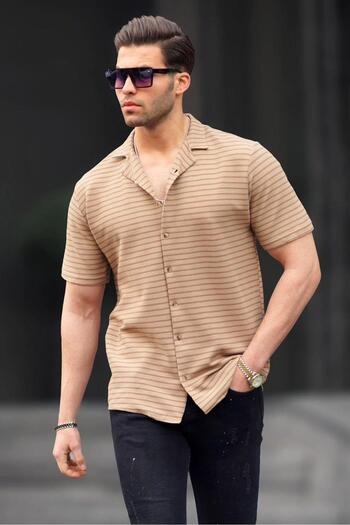 Madmext Pánská košile s krátkým rukávem Camel Stripped 6703