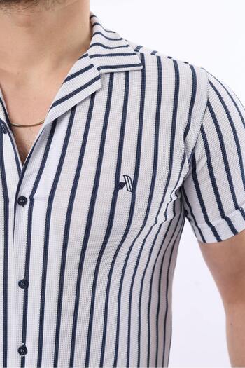 comstar Men's Short Sleeve Slim Fit Summer Striped Navy Shirt