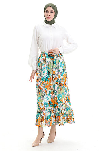 sefamerve Viscose Fabric Elastic Waist Ruffle Skirt 2012C-03 Orange