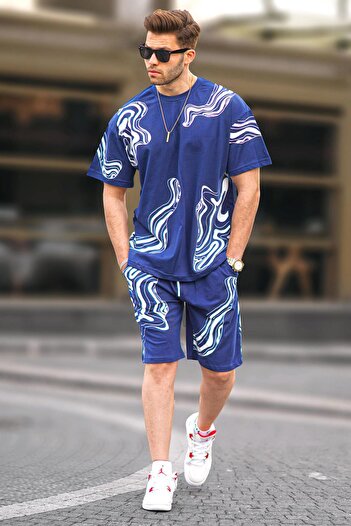 Madmext Navy Blue Patterned Men's Shorts Set 5948