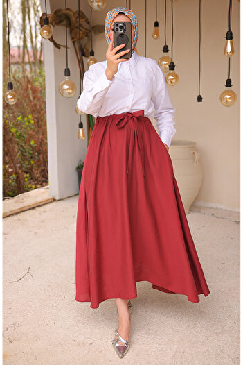 sefamerve Elastic Waist Belted Skirt 71266-04 Plum