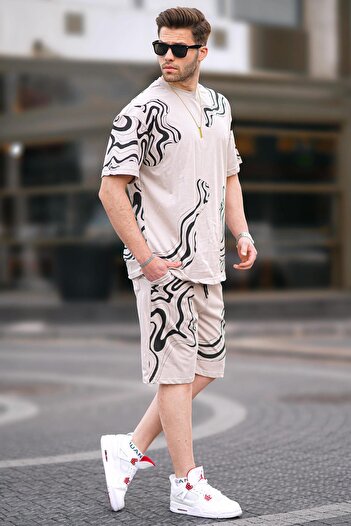 Madmext Beige Patterned Men's Shorts Set 5948