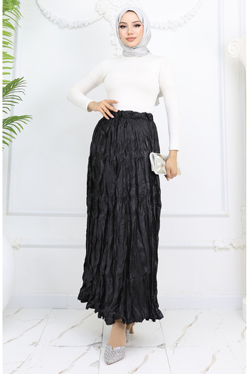 sefamerve Elastic Waist Satin Skirt 0048-05 Black