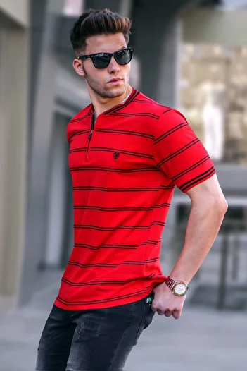 Madmext Red Striped Polo Neck Men's T-Shirt 5874