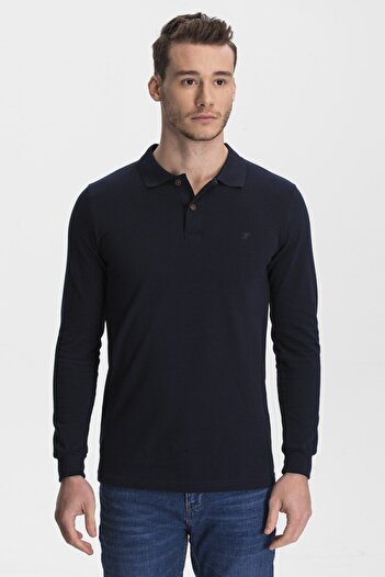 hateko Men's Navy Blue Cotton Long Sleeve Polo Neck T-shirt
