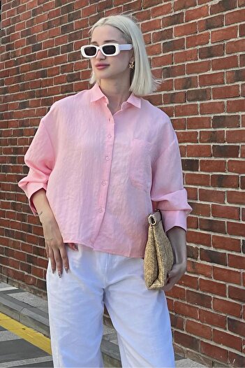 Madmext Pembe Çizgili Oversize Kadın Gömlek MG2093