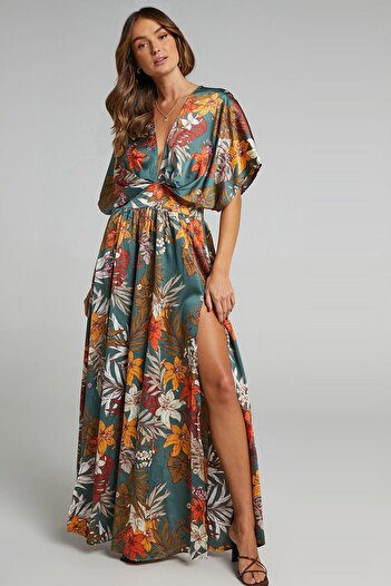 Madmext Green Patterned Slit Detailed Long Dress Mg1698