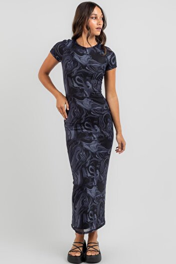 Madmext Navy Blue Tie-Dye Pattern Long Dress Mg1849