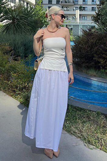 Madmext MG2154 Model White Midi Skirt - Lined and Elastic Waist Detail