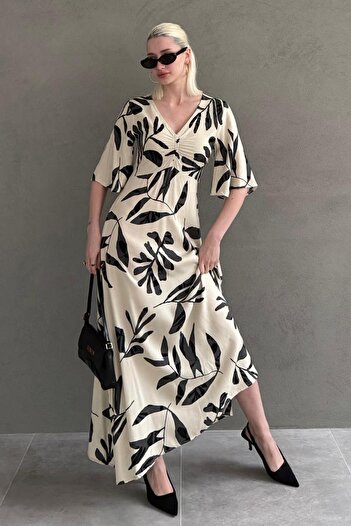Madmext Ecru Patterned Half Sleeve Dress Mg2395