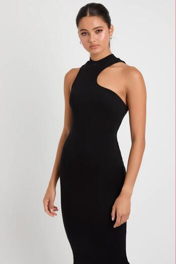 Madmext Black Halter Neck Long Basic Dress with Low-cut Shoulders Mg1829