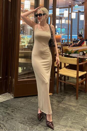 Madmext Bej Uzun Asklı Basic Elbise MG1852
