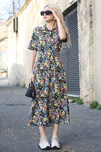 Madmext Black Floral Patterned Shirt Collar Midi Dress Mg1821