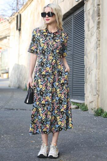 Madmext Black Floral Patterned Shirt Collar Midi Dress Mg1821