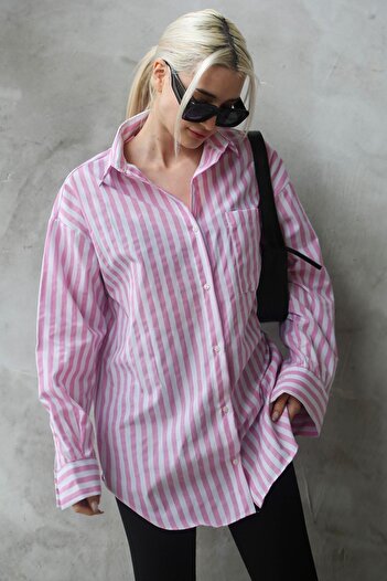 Madmext Pembe Çizgili Oversize Kadın Gömlek Mg1688