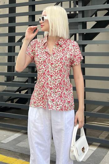 Madmext MG2098 Model Red Floral Print Women's Shirt - Short Sleeve