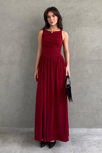 Madmext Burgundy Front Flowy Long Length Women's Dress Mg2364