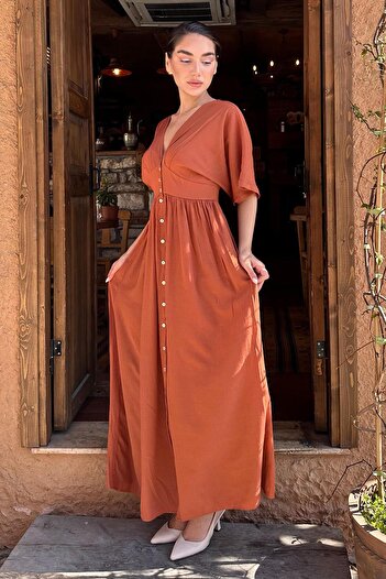 Madmext Tile V-Neck Buttoned Dress Mg2339