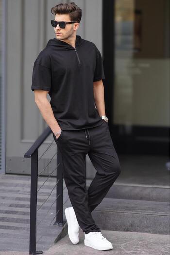 Madmext Men's Black Over Fit Hooded Tracksuit Set 5944