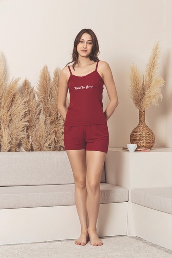 İNKO İÇ GİYİM Red Strappy Shorts Pajama Set