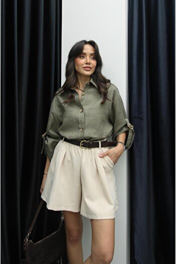 Havoş Raw Linen Shirt with Green Sleeves and Belt Detail