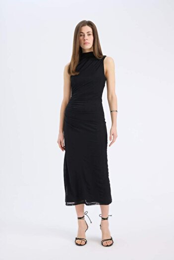 DeFacto Bodycon Vücudu Saran Yarım Balıkçı Yaka Basic Düz Tül Kolsuz Maxi Abiye Elbise C3519ax25sp