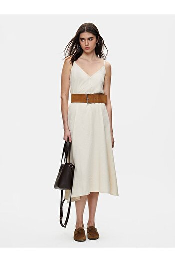Ltb Linen Relaxed Strap Beige Dress