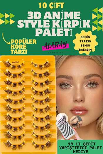 alaraycosmetics Takma Ipek Kirpikler 3d Anime Günlük Makyaja Uygun 10 Çift Eyelash Palet 18 Lı Yapıştırıcı Palet