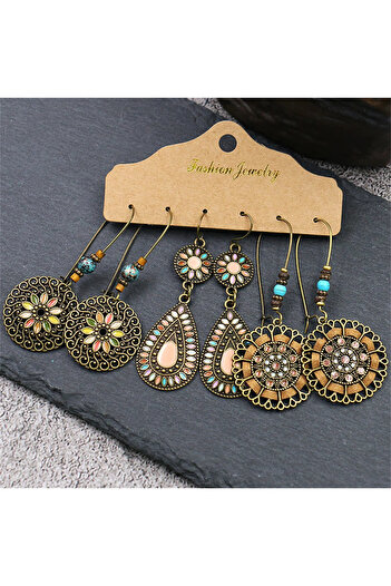 Choice1 AEH60529D Trio Women Bohemia Geometric Shape Drop Earring Set Brass OX Plating Colorful Round Water