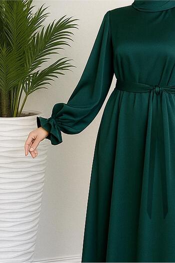 TRENDTESETTÜR Women's Green (Emerald) Satin Evening Dress with Belt t 3126