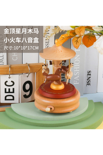 Choice brown Carousel Wooden Carousel Music Box Ornaments Rotatable Hand-cranked Music Box DIY Handmade Bir