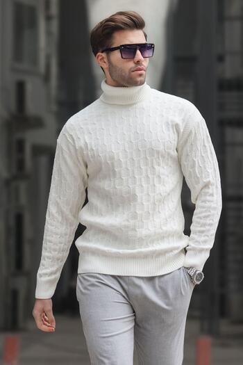 Madmext Bone Turtleneck Patterned Men's Sweater 6835