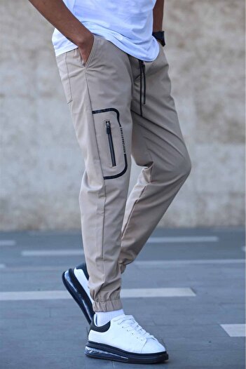 Madmext Beige Parachute Fabric Pocket Detailed Jogger Trousers 5483