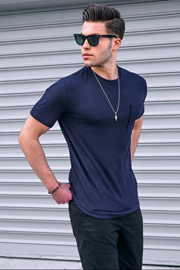 Madmext Πλεκτό μπλουζάκι Navy Blue Basic