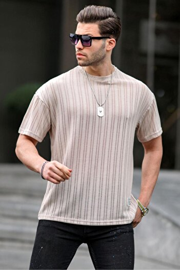 Madmext Ανδρικό μπλουζάκι μπεζ Oversize Crew Neck 6179