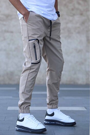 Madmext Beige Parachute Fabric Pocket Detailed Jogger Trousers 5483