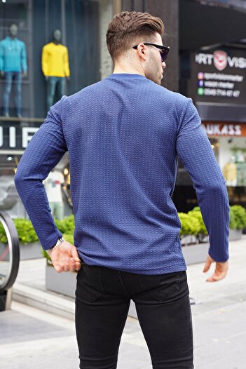 Madmext Navy Blue Waffle Fabric Basic Sweater 6007