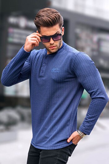 Madmext Navy Blue Waffle Fabric Basic Sweater 6007