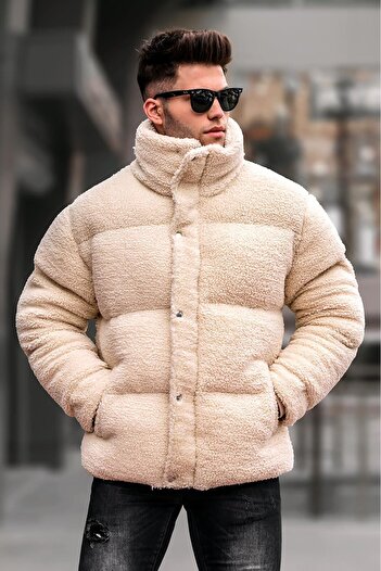 Madmext Béžový nafukovací plyšový pánský kabát 5698